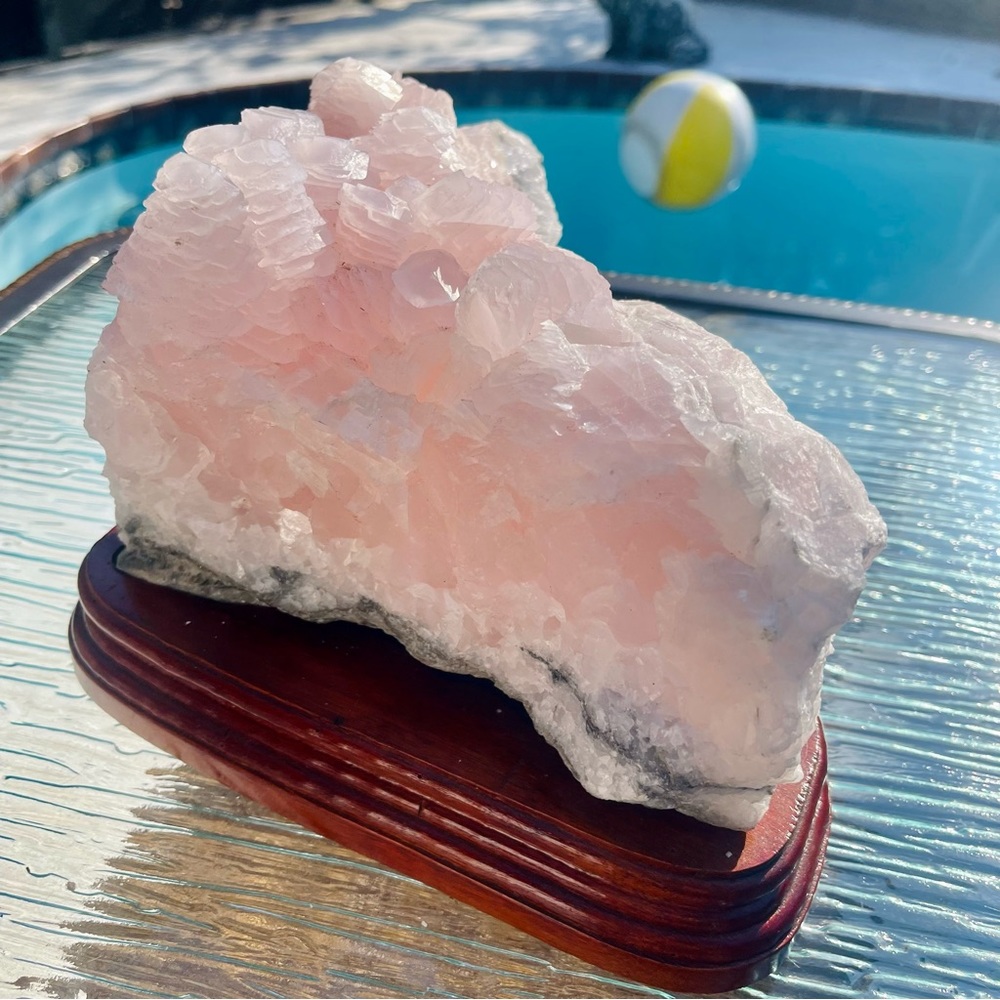 Mangano Calcite Large Pink Calcite Cluster w/ Wood Base Pink Calcite Home Decor - Picture 1 of 17